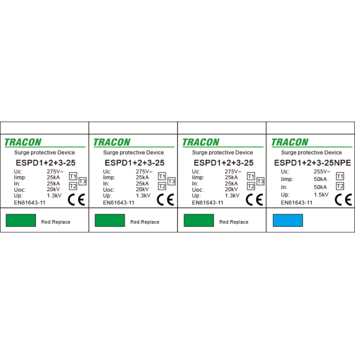 Descarcator de supratensiune T1+T2+T3 integrat AC 3+1P 100kA 400V - Tracon ESPD1+2+3-25-3+1P [2]