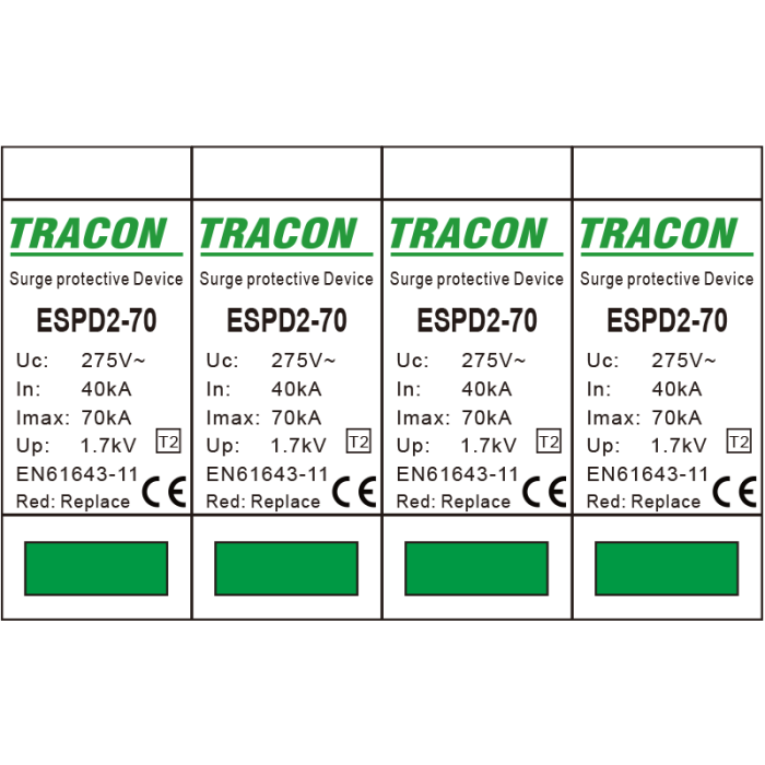Descarcator de supratensiune T2 AC elem. mod. inlocuibil Imax 70kA 4P 400V - Tracon ESPD2-70-4P [2]