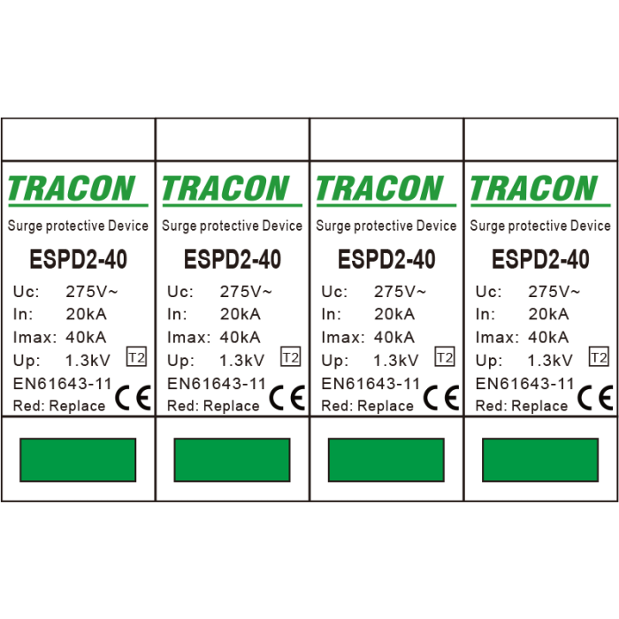 Descarcator de supratensiune T2 AC, element modular inlocuibil 4P 40kA 400V - Tracon ESPD2-40-4P [2]