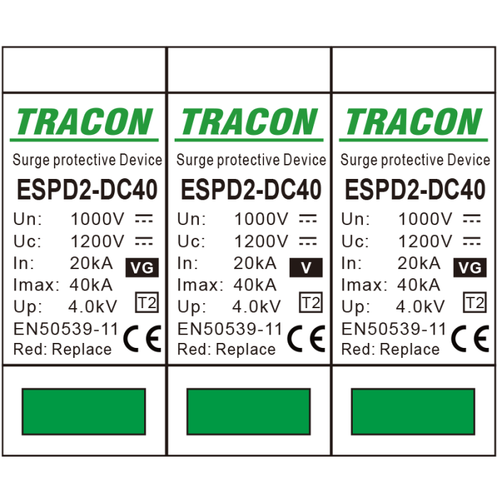 Descarcator de supratensiune T2 DC Ucpv 1200V 40kA 2P, element modular inlocuibil - Tracon ESPD2-DC40-1000 [2]
