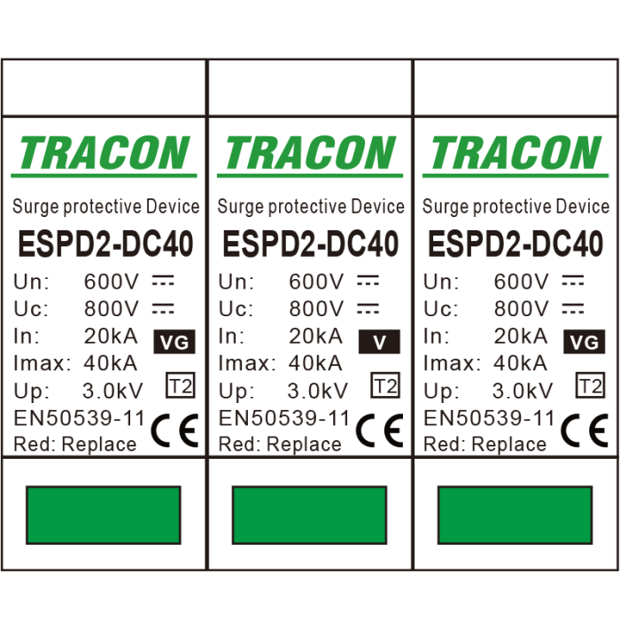 Descarcator de supratensiune T2 DC Ucpv 800V 40kA 2P, element modular inlocuibil - Tracon ESPD2-DC40-600 [2]