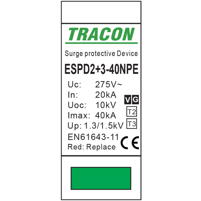 Descarcator de supratensiune T2+T3 integrat AC 1+1P 40kA 230V - Tracon ESPD2+3-40-1+1P [2]
