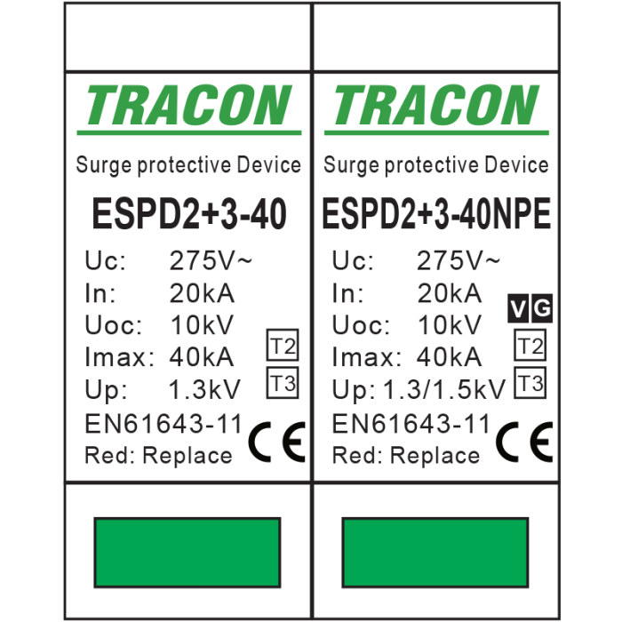 Descarcator de supratensiune T2+T3 integrat AC 3+1P 40kA 400V - Tracon ESPD2+3-40-3+1P [2]