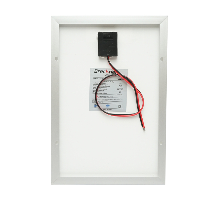 Panou solar FV Breckner Germany BK87421, policristalin 10W, Vmp ~18V, Voc ~21–22V, Imp ~0.55A, Isc ~0.57–0.58A. Dimensiuni 350×240×17mm, ~0.8kg, ramă aluminiu eloxat, cutie jonctiune IP65, cablu inclus. [2]