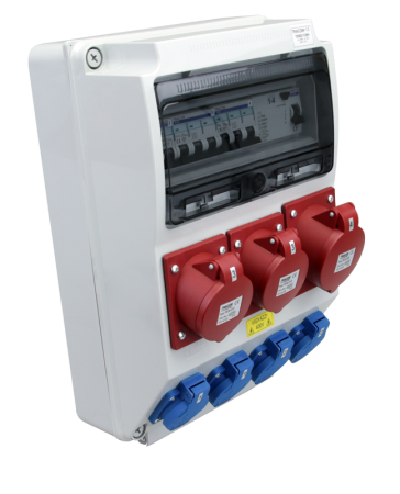 Cutii de distributie - Cutie de distributie cu protectie RCCB + MCB, 4×SCHUKO + 2×16A + 1×32A, 400V - Tracon TDB03-12MV