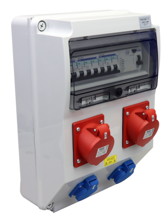 Cutii de distributie - Cutie de distributie industriala cu protectie, cablata, 2×SCHUKO + 2×16A 5P 400V - Tracon TDB15-12MV