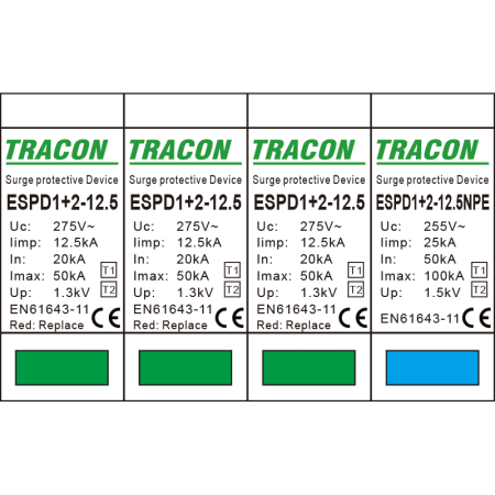 Descarcator de supratensiune T1+T2 AC elem. mod. inlocuibil 3+1P 20kA 400V - Tracon ESPD1+2-12.5-3+1P [1]