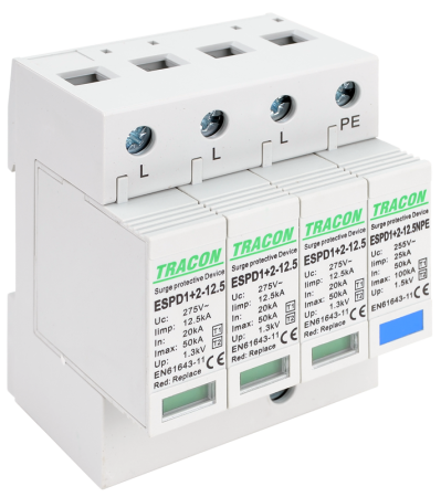 Dispozitive de protectie impotriva supratensiunii - Descarcator de supratensiune T1+T2 AC elem. mod. inlocuibil 3+1P 20kA 400V - Tracon ESPD1+2-12.5-3+1P