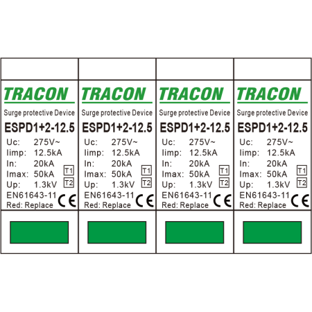 Descarcator de supratensiune T1+T2 elem. mod. inlocuibil, AC 4P 20kA 400V - Tracon ESPD1+2-12.5-4P [1]