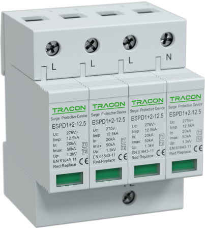 Dispozitive de protectie impotriva supratensiunii - Descarcator de supratensiune T1+T2 elem. mod. inlocuibil, AC 4P 20kA 400V - Tracon ESPD1+2-12.5-4P