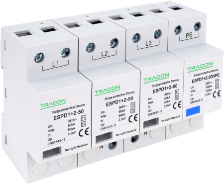Dispozitive de protectie impotriva supratensiunii - Descarcator de supratensiune T1+T2 integrat AC 3+1P 50kA 400V - Tracon ESPD1+2-50-3+1P