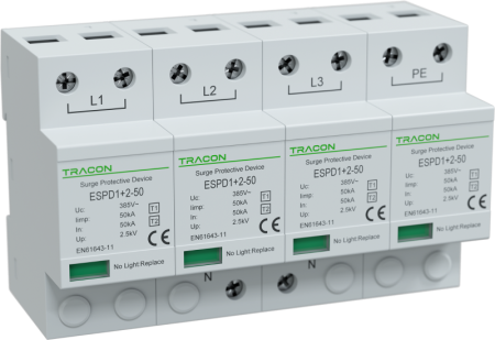 Dispozitive de protectie impotriva supratensiunii - Descarcator de supratensiune T1+T2 integrat AC 4P 50kA 400V - Tracon ESPD1+2-50-4P