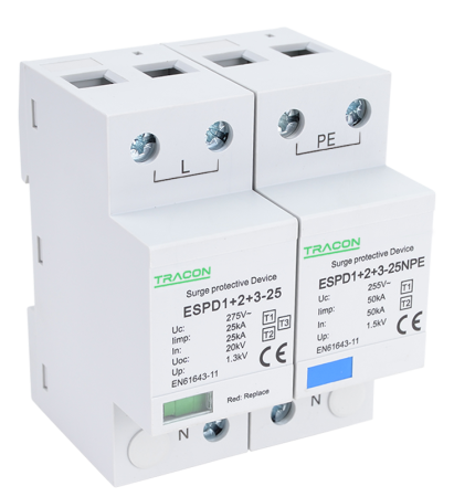 Dispozitive de protectie impotriva supratensiunii - Descarcator de supratensiune T1+T2+T3 integrat AC 1+1P 100kA 230V - Tracon ESPD1+2+3-25-1+1P