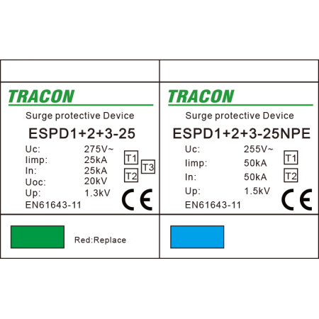 Descarcator de supratensiune T1+T2+T3 integrat AC 1+1P 100kA 230V - Tracon ESPD1+2+3-25-1+1P [1]