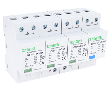 Dispozitive de protectie impotriva supratensiunii - Descarcator de supratensiune T1+T2+T3 integrat AC 3+1P 100kA 400V - Tracon ESPD1+2+3-25-3+1P