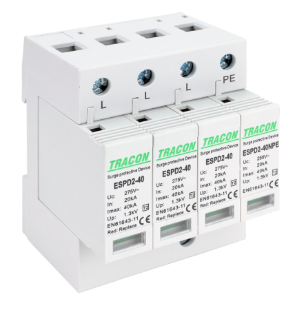Dispozitive de protectie impotriva supratensiunii - Descarcator de supratensiune T2 AC elem. mod. inlocuibil Imax 40kA 3+1P 400V - Tracon ESPD2-40-3+1P