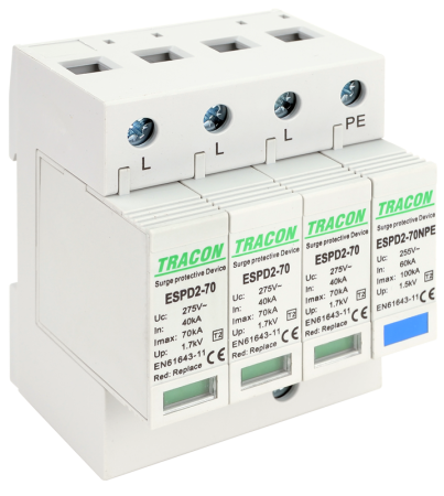 Dispozitive de protectie impotriva supratensiunii - Descarcator de supratensiune T2 AC elem. mod. inlocuibil Imax 70kA 3+1P 400V - Tracon ESPD2-70-3+1P