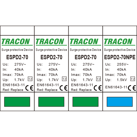 Descarcator de supratensiune T2 AC elem. mod. inlocuibil Imax 70kA 3+1P 400V - Tracon ESPD2-70-3+1P [1]