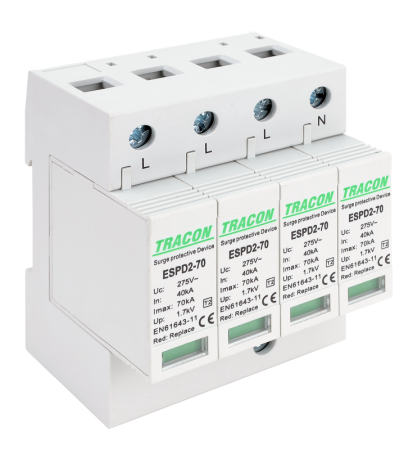 Dispozitive de protectie impotriva supratensiunii - Descarcator de supratensiune T2 AC elem. mod. inlocuibil Imax 70kA 4P 400V - Tracon ESPD2-70-4P