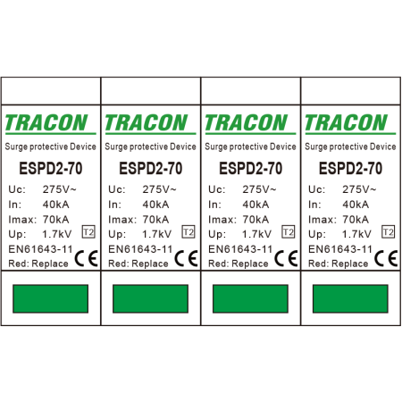 Descarcator de supratensiune T2 AC elem. mod. inlocuibil Imax 70kA 4P 400V - Tracon ESPD2-70-4P [1]