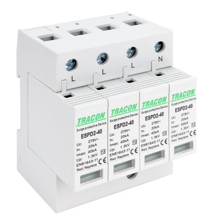 Dispozitive de protectie impotriva supratensiunii - Descarcator de supratensiune T2 AC, element modular inlocuibil 4P 40kA 400V - Tracon ESPD2-40-4P