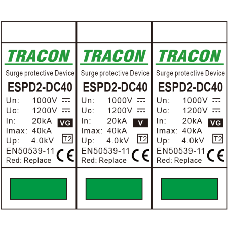 Descarcator de supratensiune T2 DC Ucpv 1200V 40kA 2P, element modular inlocuibil - Tracon ESPD2-DC40-1000 [1]