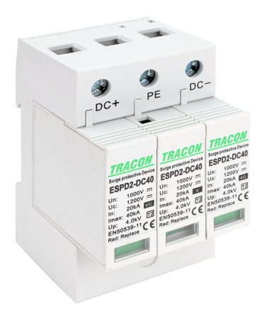 Dispozitive de protectie impotriva supratensiunii - Descarcator de supratensiune T2 DC Ucpv 1200V 40kA 2P, element modular inlocuibil - Tracon ESPD2-DC40-1000