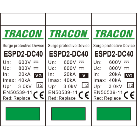 Descarcator de supratensiune T2 DC Ucpv 800V 40kA 2P, element modular inlocuibil - Tracon ESPD2-DC40-600 [1]