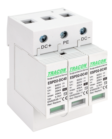 Dispozitive de protectie impotriva supratensiunii - Descarcator de supratensiune T2 DC Ucpv 800V 40kA 2P, element modular inlocuibil - Tracon ESPD2-DC40-600