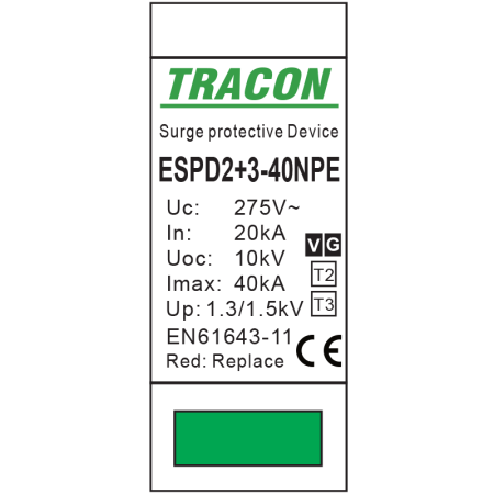 Descarcator de supratensiune T2+T3 integrat AC 1+1P 40kA 230V - Tracon ESPD2+3-40-1+1P [1]