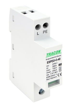 Dispozitive de protectie impotriva supratensiunii - Descarcator de supratensiune T2+T3 integrat AC 1+1P 40kA 230V - Tracon ESPD2+3-40-1+1P