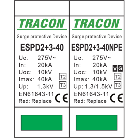 Descarcator de supratensiune T2+T3 integrat AC 3+1P 40kA 400V - Tracon ESPD2+3-40-3+1P [1]