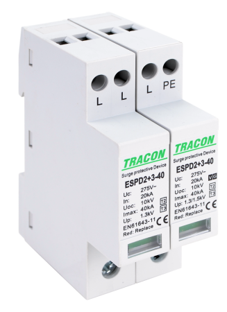 Dispozitive de protectie impotriva supratensiunii - Descarcator de supratensiune T2+T3 integrat AC 3+1P 40kA 400V - Tracon ESPD2+3-40-3+1P