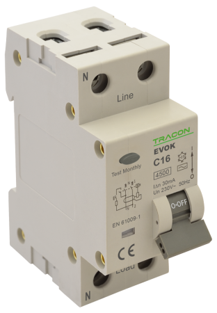 Sigurante electrice automate - Disjunctor cu protectie diferentiala, 2P, 2 module, curba C 10A - Tracon EVOK2C1003