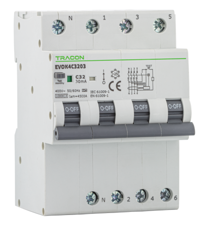 Sigurante electrice automate - Disjunctor cu protectie diferentiala, 4P, 4 module, curba C 10A - Tracon EVOK4C1003