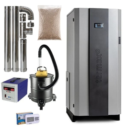Cazane combustibil solid pe peleti - Pachet centrala cu peleti Termax Compact 30 kW, 200 mp, buncar peleti 90 kg, volum apa 70 litri, diametru cos fum ⌀80 mm, vas expansiune si pompa recirculare incluse