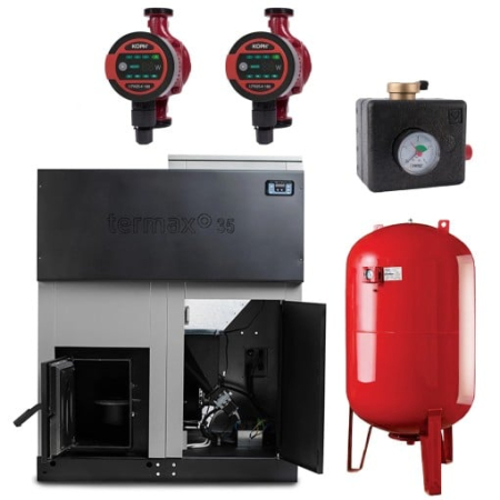 Cazane combustibil solid pe peleti - Pachet centrală pe peleți Termax ECO Gri 50 kW cu vas, pompe și grup de siguranță