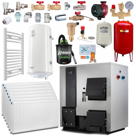 Cazane mixte lemn/peleti - Pachet centrala mixta lemn-peleti 35 kW, calorifere, boiler 120 L si accesorii montaj – TERMAX COMBO 35