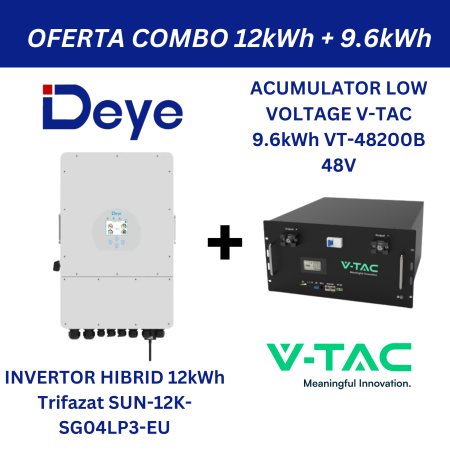DEYE - Pachet DEYE trifazat 12kW (SUN-12K-SG04LP3-EU) cu baterie V-TAC 9.6kWh 48V rack, BMS integrat, intrare generator și backup/UPS (essential loads).