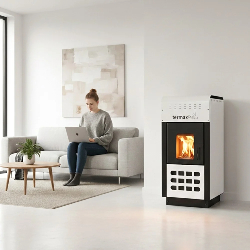 Pachet termosemineu pe peleti Termax Kamin ECO, 25 kW, 160 mp, buncar peleti 45 kg, volum apa 42 litri, diametru cos fum ⌀80 mm, vas expansiune si pompa recirculare incluse, Alb [1]