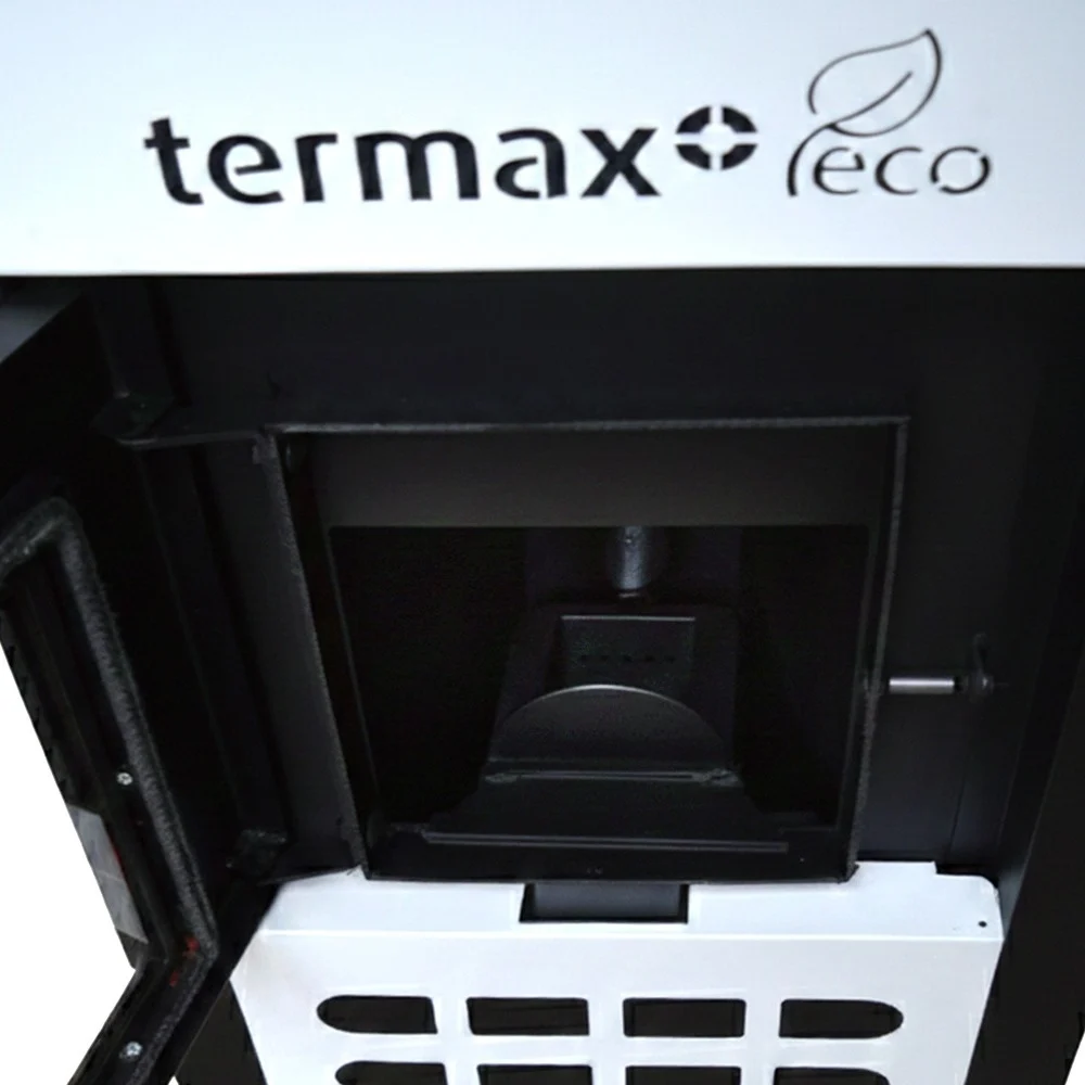 Pachet termosemineu pe peleti Termax Kamin ECO, 25 kW, 160 mp, buncar peleti 45 kg, volum apa 42 litri, diametru cos fum ⌀80 mm, vas expansiune si pompa recirculare incluse, Alb [3]