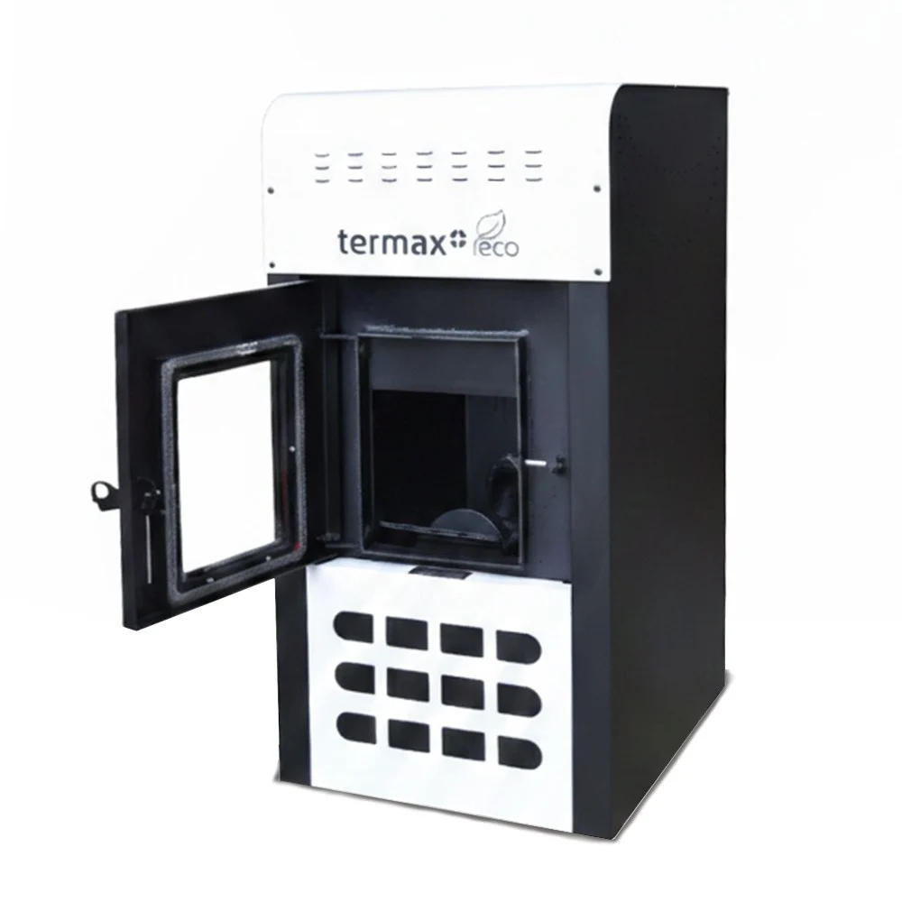 Pachet termosemineu pe peleti Termax Kamin ECO, 25 kW, 160 mp, buncar peleti 45 kg, volum apa 42 litri, diametru cos fum ⌀80 mm, vas expansiune si pompa recirculare incluse, Alb [4]