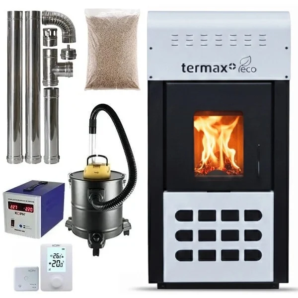 Termoseminee - Pachet termosemineu pe peleti Termax Kamin ECO, 25 kW, 160 mp, buncar peleti 45 kg, volum apa 42 litri, diametru cos fum ⌀80 mm, vas expansiune si pompa recirculare incluse, Alb