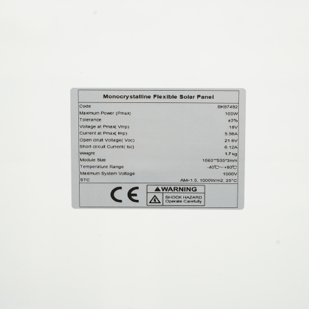 Panou solar flexibil portabil 100W monocristalin, Vmp ~18V, pentru sisteme 12V/24V cu regulator; dimensiuni 1060×535×3 mm. [3]
