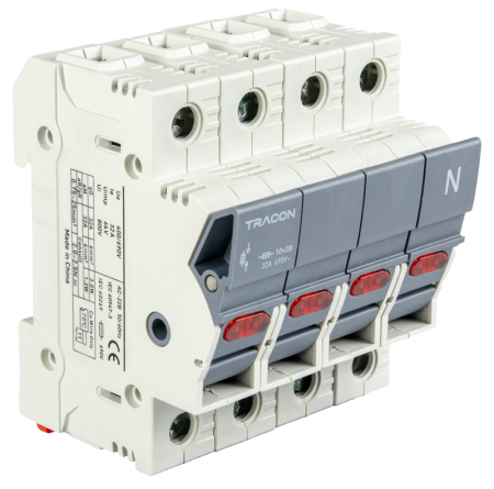 Soclu sigurante fuzibile cilindrice - Separatoare modulare pentru sigurante fuzibile cilindrice 32A, 10x38mm, AC22B, 3P+N right, LED - Tracon CFBL3P+N32