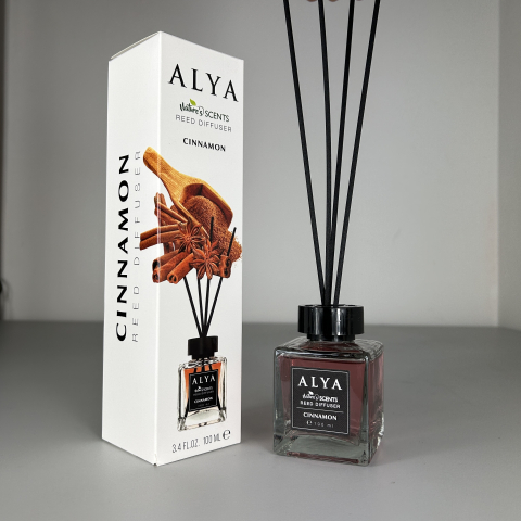 Odorizante de cameră - Parfum de cameră cu bețișoare Alya, Scortisoara, Difuzor de parfum elegant pentru casă, 100ml, ideal pentru spații interioare