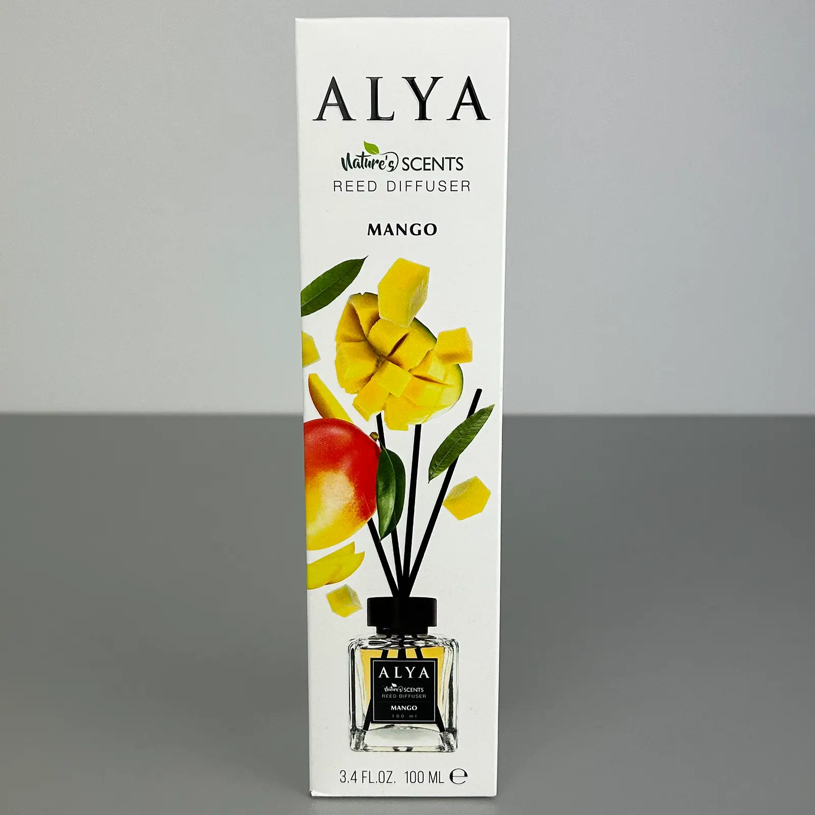 Odorizante de cameră - Parfum de cameră cu bețișoare Alya, Mango, difuzor de parfum elegant pentru casă, 100 ml, ideal pentru spații interioare