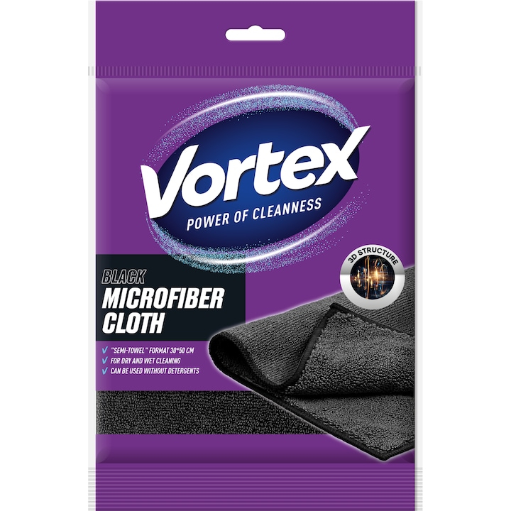 Laveta din microfibra Semi-prosop, 3 pachete x 1 buc, 30x50cm, Negru, VORTEX [2]
