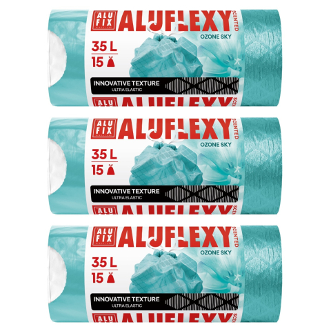Saci menajeri - Saci menaj cu banda ALUFLEXY OZONE SKY LDPE 3role/set 53x53cm turquoise parfumati 35L/15pcs