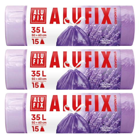 Bacanie - Saci menaj cu banda HDPE 3role/set 50x60cm violet cu parfum de lavanda 35L/15pcs  45buc/set